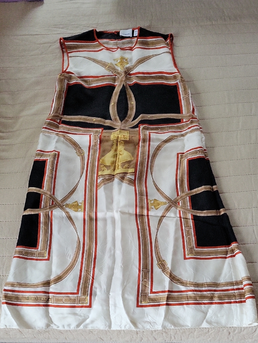 Burberry Black, 100% Silk Ivory & Gold Sleeveless Scarf-Print Midi Dress